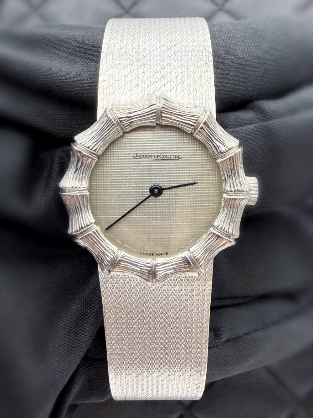 Vintage Jaeger Lecoultre 14081 22 18k Solid White Gold Silver Dial Bamboo Watch